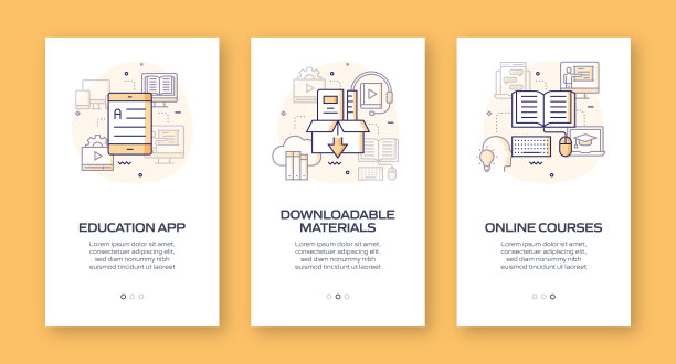 E-Learning, Online Education和Distance Education相关的Onboarding Mobile App Page Screen with Flat Icons。UI设计模板矢量插图图片下载