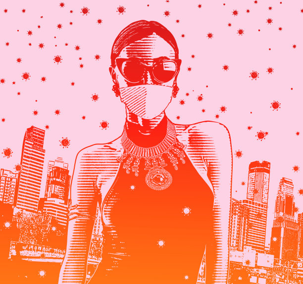 妇女和COVID-19病毒在空气中漂浮图片下载