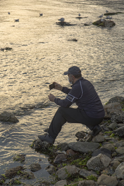 一名戴着防护面罩的男子坐在岩石上，用智能手机拍摄海鸥的照片或视频。隔离期间在海边放松。图片下载