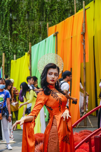 越南农历新年。越南妇女在春节期间穿着越南传统的敖戴在街上与黄花杏子合影。图片下载