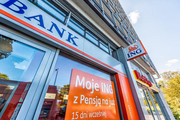 波兰华沙，荷兰国际集团商业银行在华沙市的大街上上网图片下载