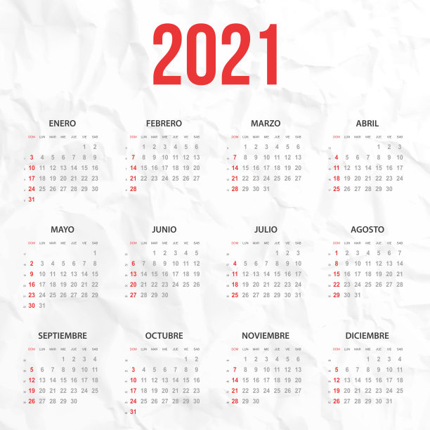 西班牙日历2021年在白色皱巴巴的背景图片下载