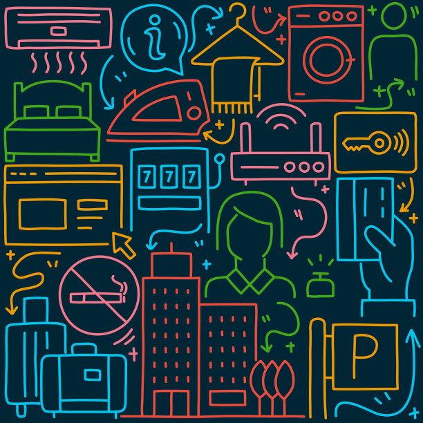 酒店服务相关的涂鸦插图。手绘矢量酒店服务符号和图标。图片下载