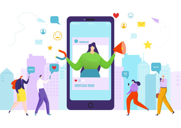 在智能手机网络营销中，人们在互联网网络矢量插画。社交媒体发布在手机，移动社区图片下载