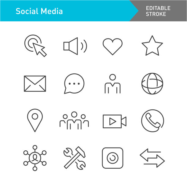 社交媒体工具图标系列-可编辑的笔画图片下载
