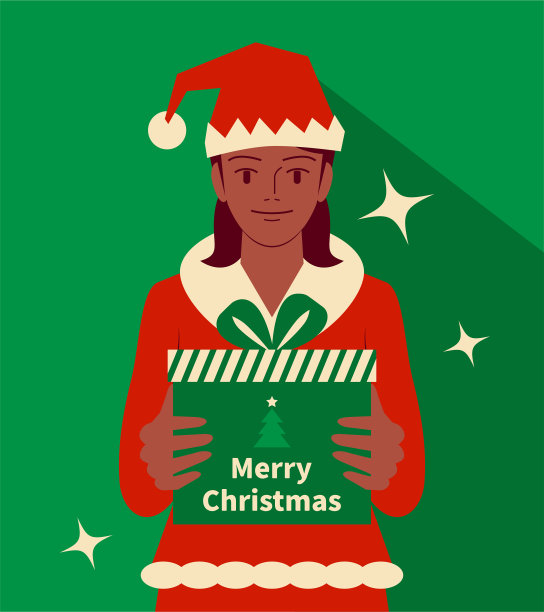 一个微笑美丽的少女穿着圣诞老人的衣服拿着圣诞礼物，礼物盒图片下载