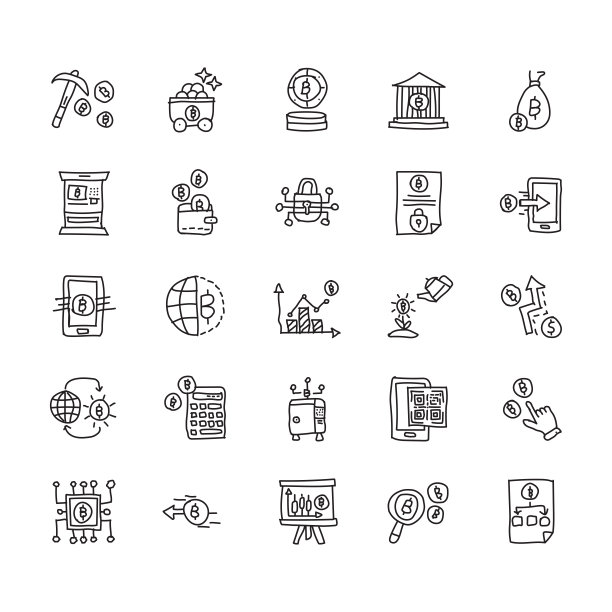 加密货币和区块链线图标设置。可编辑的中风图片下载