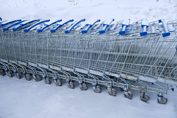 一家没有顾客的空商店旁边的雪地里有闲置的购物车图片下载