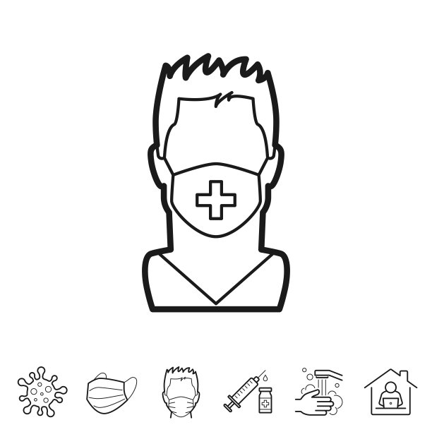 戴着医用面罩的人。线条图标-可编辑的笔触图片下载