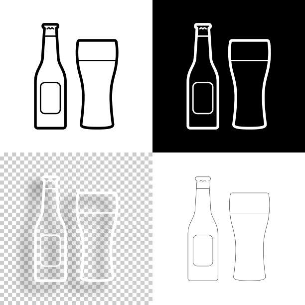 一瓶和一杯啤酒。图标设计。空白，白色和黑色背景-线图标图片下载