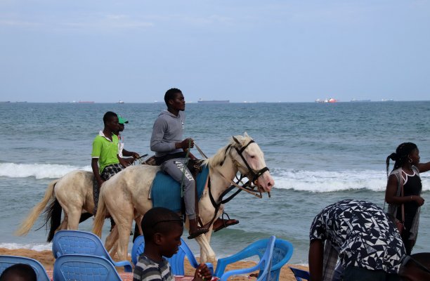 在西非多哥海滩上骑马的男人。图片下载