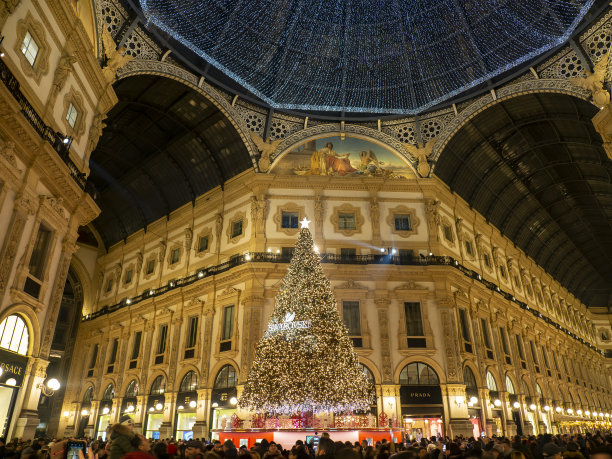 米兰,意大利。著名的维托里奥·埃马努埃莱二世购物中心是米兰的主要地标之一。圣诞节的时间。人群和游客。圣诞彩灯和装饰品图片下载