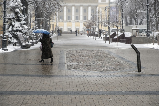 阿拉木图冬天的街道。冬季的阿拉木图潘菲罗街。图片下载