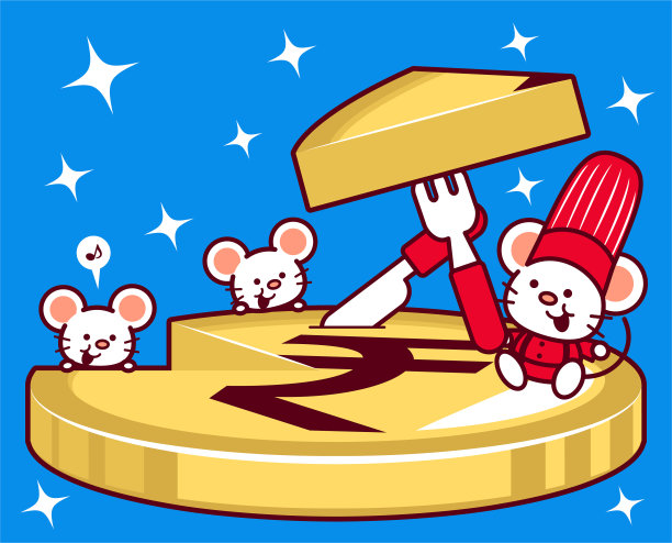 可爱的老鼠厨师拿着刀叉切着一块带有印度卢比标志的奶酪蛋糕图片下载