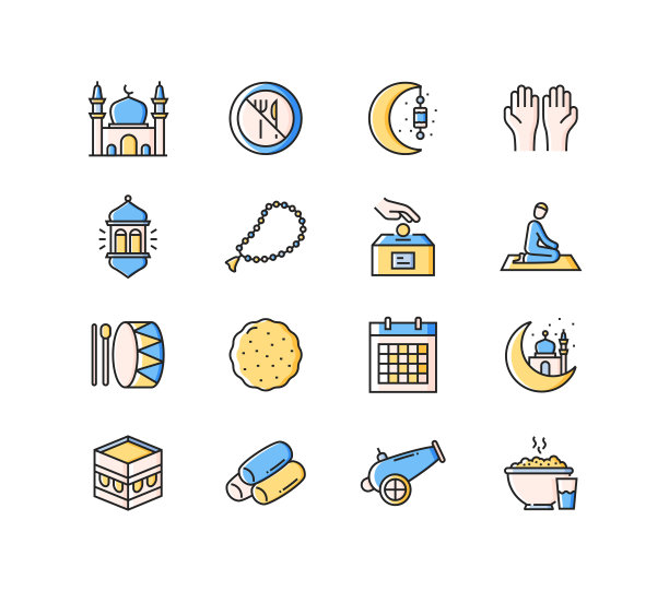 斋月相关的线条图标。轮廓符号矢量图图片下载