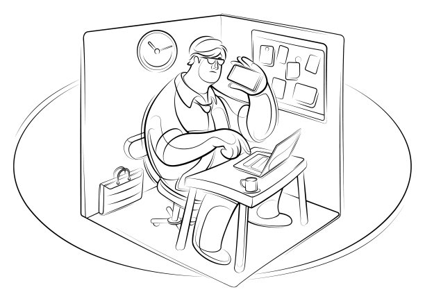 商人与智能手机和笔记本电脑工作在小办公室午夜线图片下载