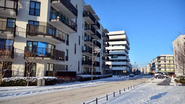 在一个寒冷的冬日早晨，一个现代化的住宅区。图片下载