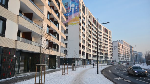 在一个寒冷的冬日早晨，一个现代化的住宅区。图片下载