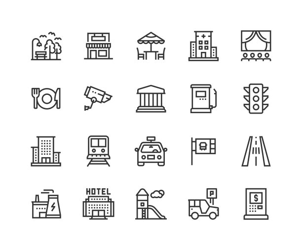 城市元素，公共公园，商店，咖啡馆，医院，电影院大厅图标图片下载