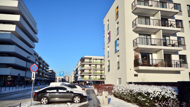 在一个寒冷的冬日早晨，一个现代化的住宅区。图片下载