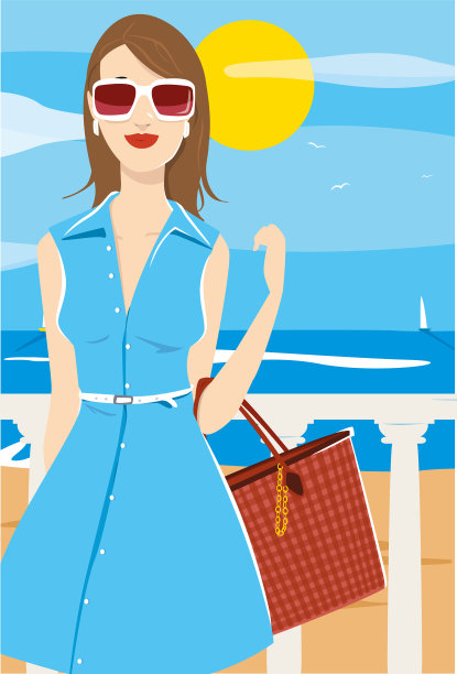 一个穿着夏装的海滨小镇的优雅女人图片下载