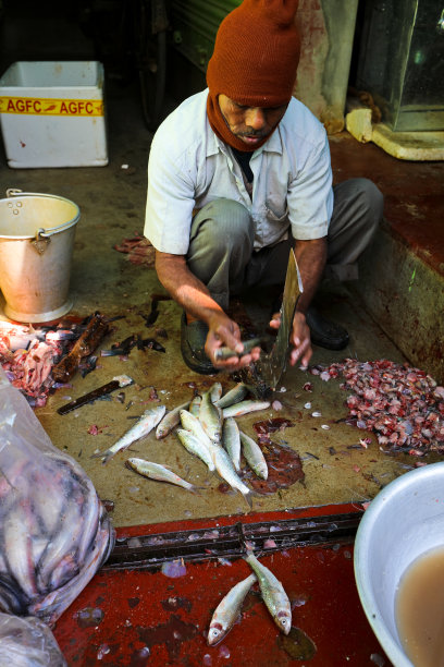 在印度西孟加拉邦卡特瓦的农贸市场上，一名男子在卖鱼图片下载