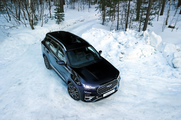 一辆紫色的SUV停在森林里。冬天的雪。漂移，大型中国豪华车。图片下载