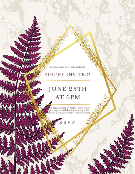 蕨和黄金装饰几何框架邀请模板图片下载
