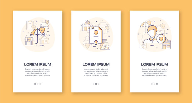 保险概念入职移动应用程序页面屏幕与平面图标。用户体验，用户界面设计模板矢量插图图片下载