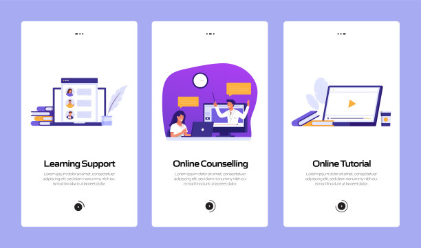 E-Learning, Online Education和Distance Education相关的Onboarding Mobile App Page Screen with Flat Icons。UI设计模板矢量插图图片下载