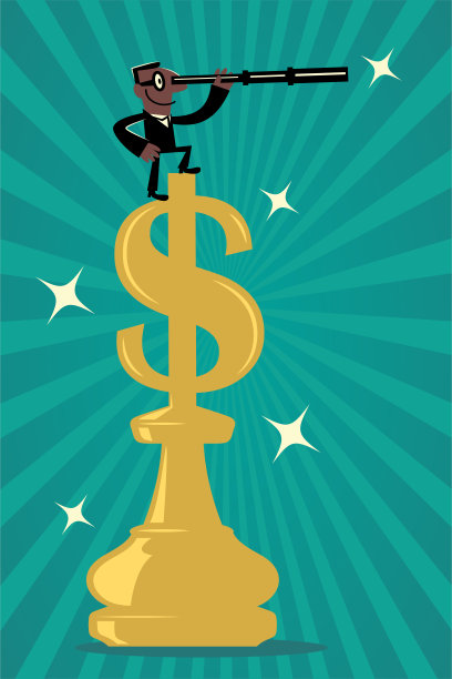 《国际象棋与商业战略》或《产业战略》，一个商人站在一个有美元标志的大象棋上，通过望远镜看图片下载