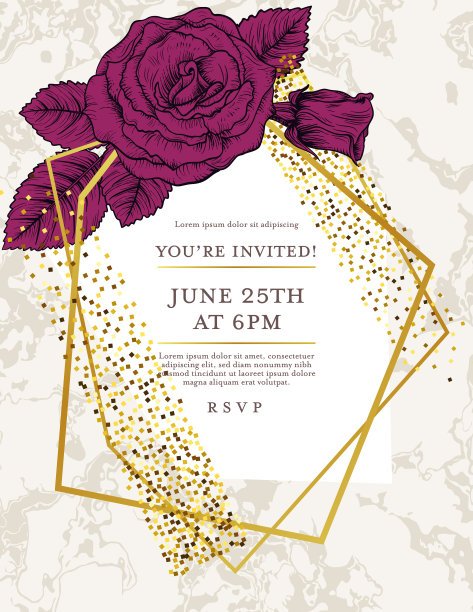 玫瑰和黄金装饰几何框架邀请模板图片下载