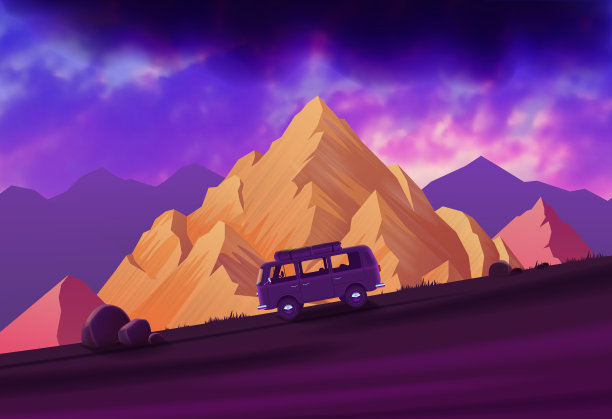 山景日落与面包车和云图片下载