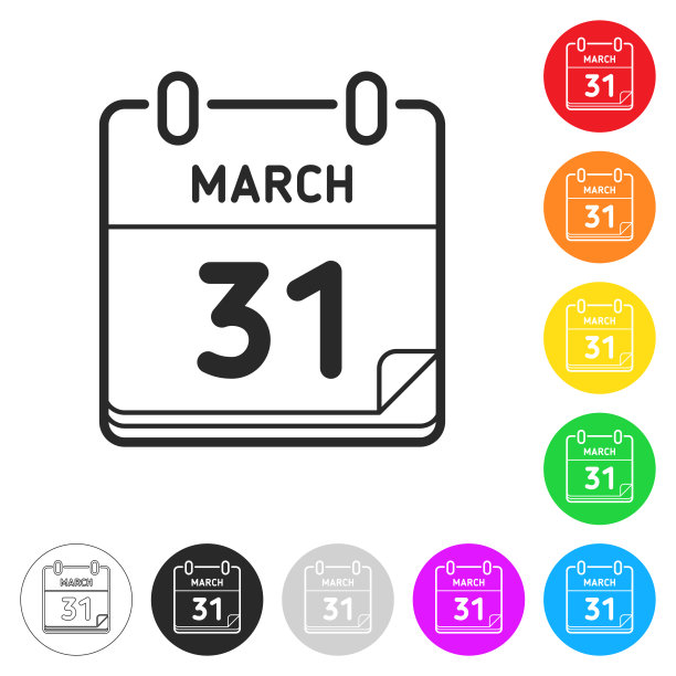 3月31日。不同颜色按钮上的扁平图标图片下载