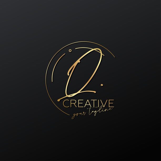 Q字母书法最小字母会徽风格矢量标志。金色和黑色背景。图片下载