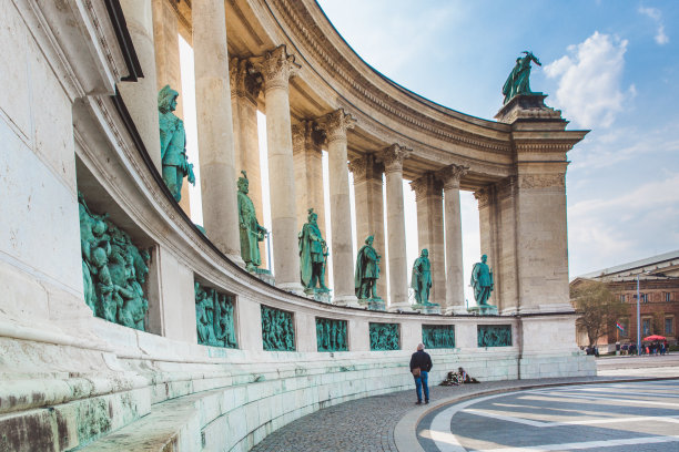 匈牙利布达佩斯——2019年4月4日，众多游客在英雄广场漫步。是匈牙利布达佩斯布达佩斯广场上最受欢迎的景点之一。图片下载