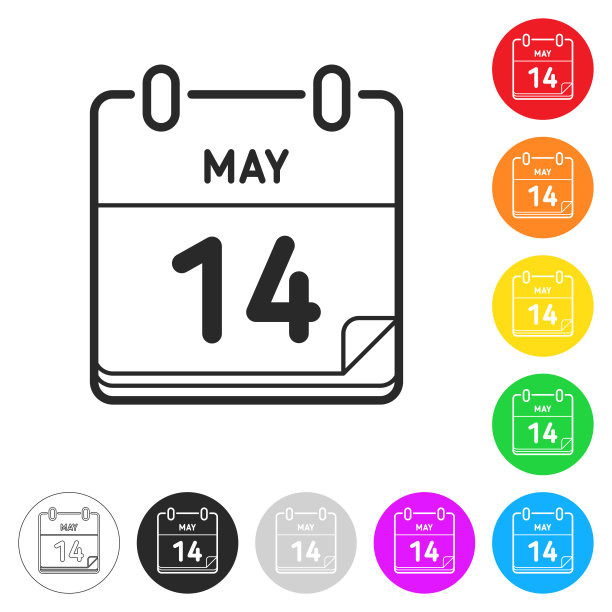 5月14日。不同颜色按钮上的扁平图标图片下载
