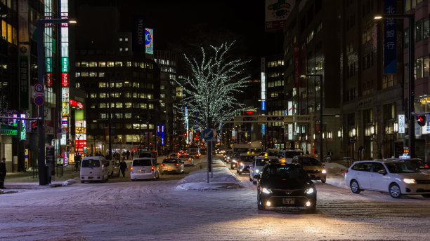 札幌市中心在冬季的街景图像与道路被雪覆盖在夜间拍摄的照片。图片下载
