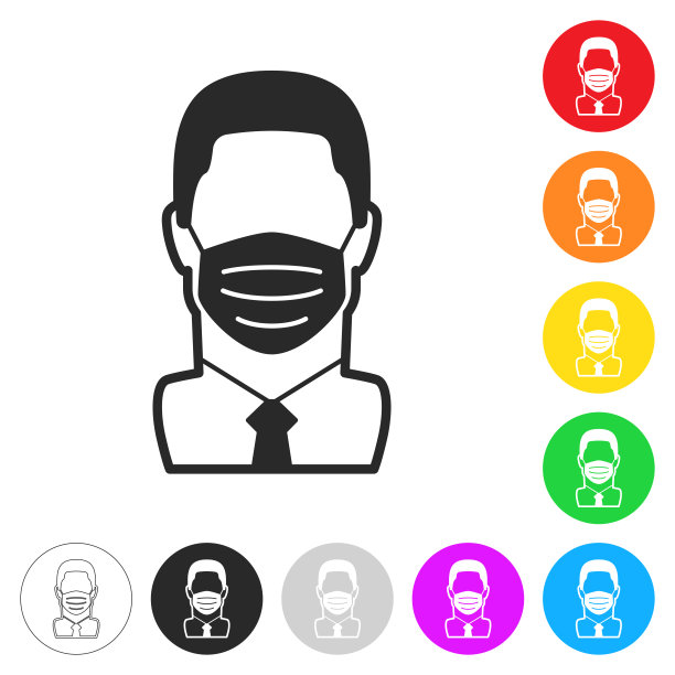 戴着医用面罩的男子按钮上不同颜色的平面图标图片下载