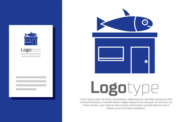 蓝色海鲜店图标孤立在白色上图片下载