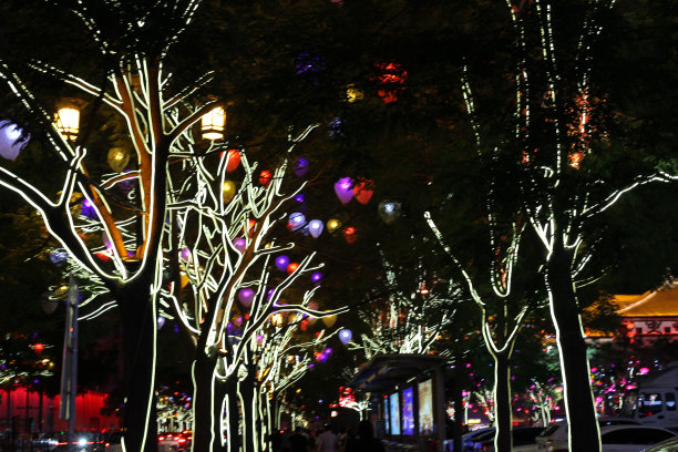 黄昏时分，西安市街道上的树木被灯光照亮。中国图片下载