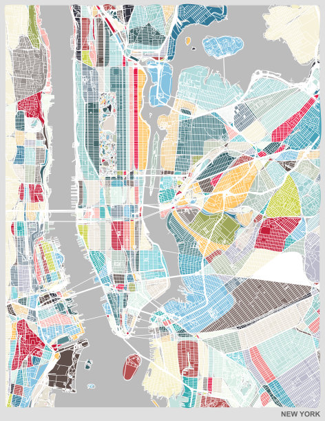 彩色艺术插图风格地图，纽约市，美国图片下载