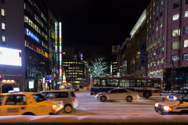 札幌市中心在冬季的街景图像与道路被雪覆盖在夜间拍摄的照片。图片下载