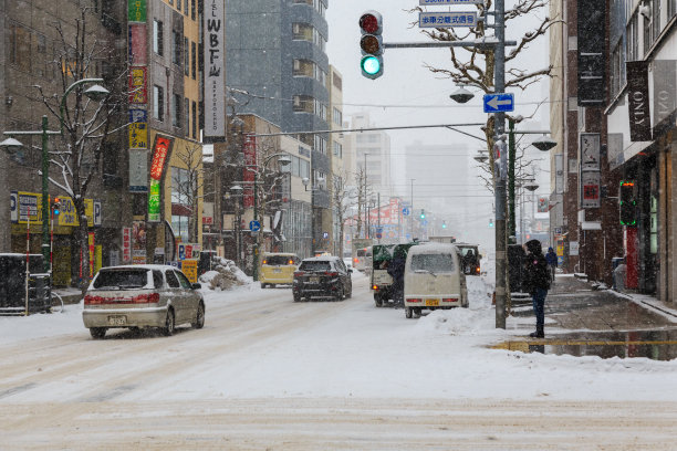 札幌市中心的街景图片，在冬季，道路被雪覆盖图片下载