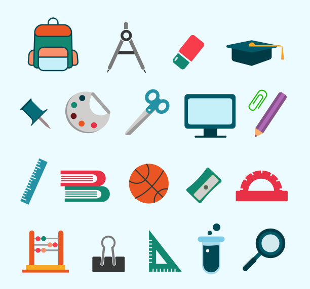 回到学校和学习，学校用品矢量图标设置。科学、研究和教育图标。现代，色彩丰富，时尚的矢量插图设置孤立的纯色。图片下载