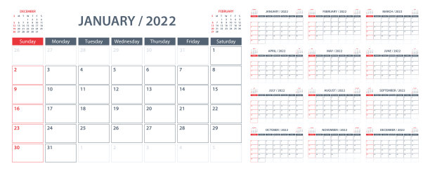 日历计划2022 -矢量模板。一周从周日开始图片下载