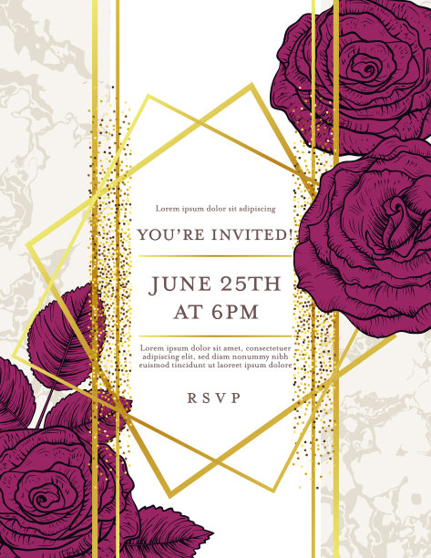 玫瑰和黄金装饰几何框架邀请模板图片下载