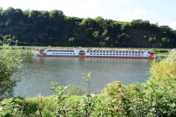 一艘瑞士客轮在摩泽尔河的河闸等待图片下载