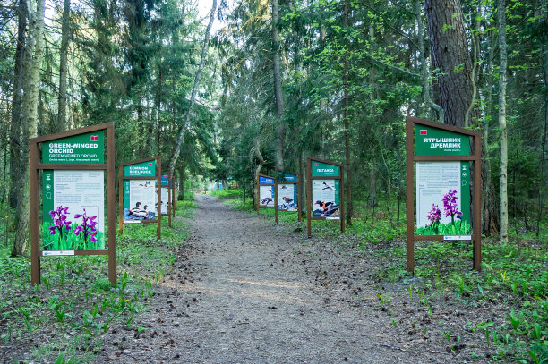 保护区的生态步道。珍稀动物和鸟类的海报。摊位上有濒危动植物的照片。一个警告。图片下载