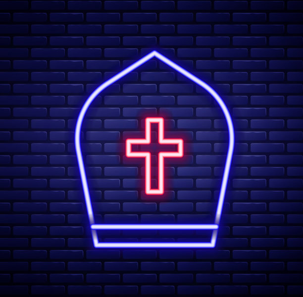 发光的霓虹灯线教皇帽图标孤立的砖图片下载